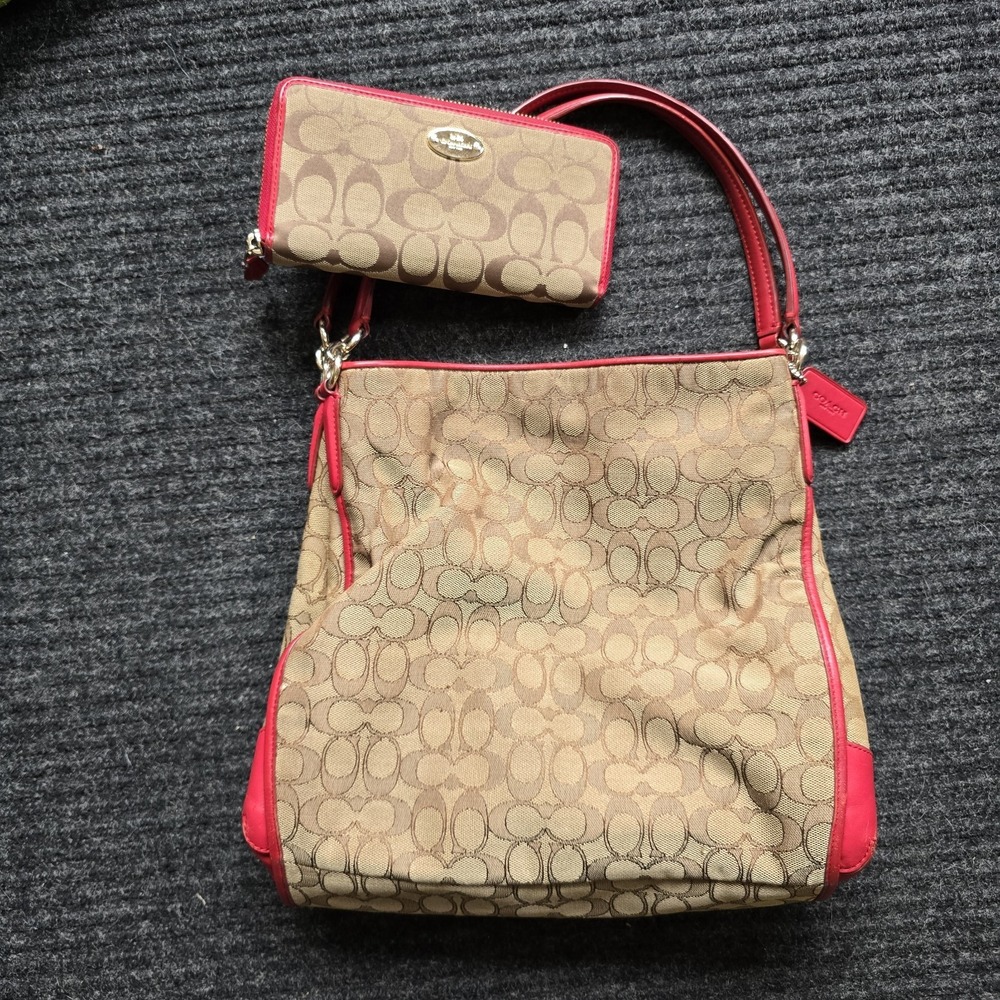 Y2k Coach Signature Brown Red Canvas Leather 3 Compartments Shoulder‎ Bag Tote